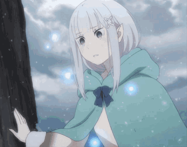 a girl with white hair and a blue cape