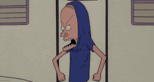 a cartoon character with a hoodie on his head is standing in a doorway