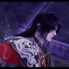 a man with long black hair and a red jacket is standing in a dark room with a purple background .