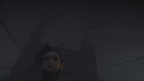a cartoon character is standing in a dark room looking up at the camera