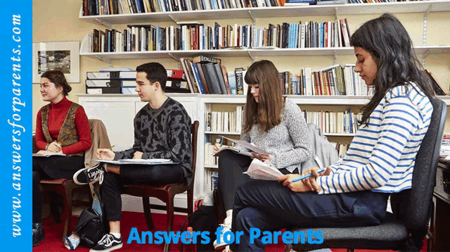 a group of people are sitting in a library with the website www.answersforparents.com on the bottom