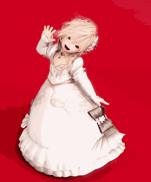 a doll wearing a white dress with a bow on the skirt