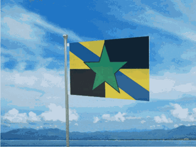 a flag with a green star in the middle is flying in the wind