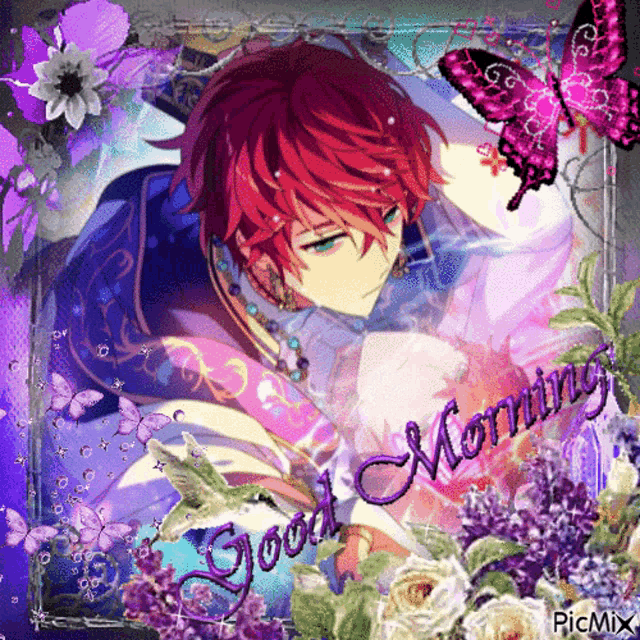 a picture of a boy with red hair and the words good morning written on it