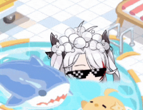 a cartoon girl is swimming in a pool with a shark and wearing sunglasses .