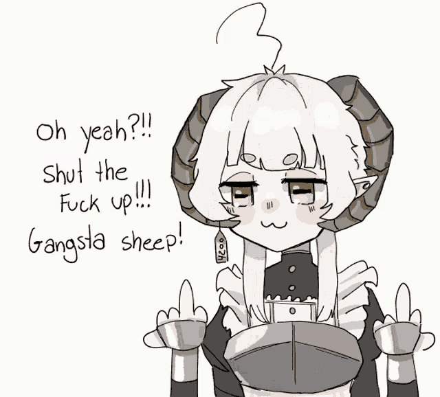 a drawing of a girl with horns saying oh yeah