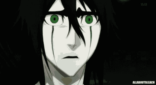 a black and white drawing of a person with green eyes and the words allaboutbleach below it