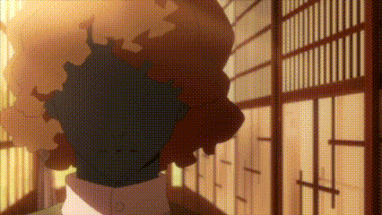 a cartoon character is standing in front of a window in a room with a blurred background .