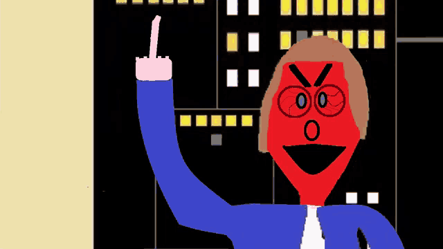 a cartoon of a man with a red face and glasses giving the middle finger