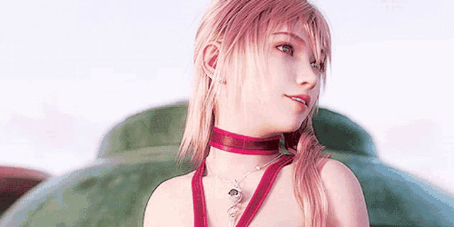 a woman with pink hair is wearing a red choker and necklace .
