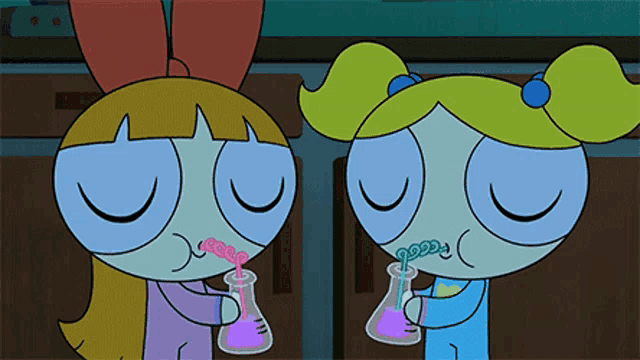 a cartoon of two girls holding beakers with liquid in them