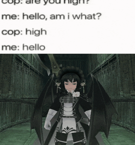 a girl with black wings is standing in a hallway with a caption that says cop are you high
