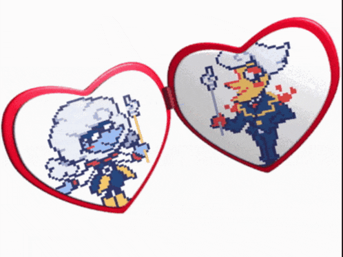 a heart shaped mirror with a pixelated image of a man holding a sword
