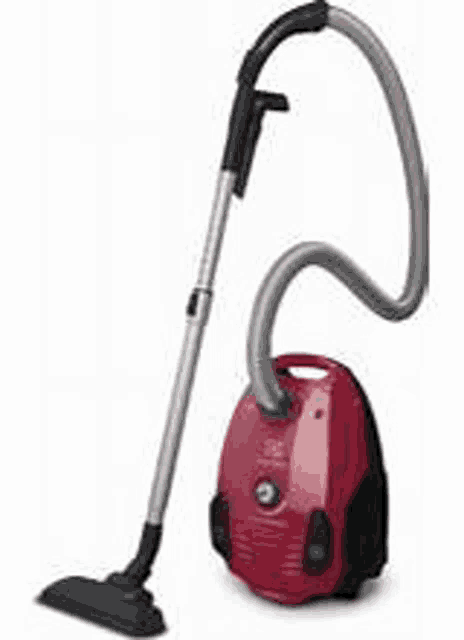 a red vacuum cleaner with a hose attached to it is sitting on a white surface .