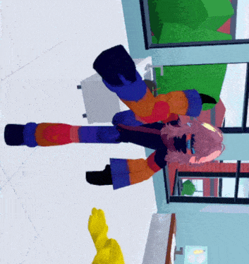 a cartoon character is standing in a room with a window