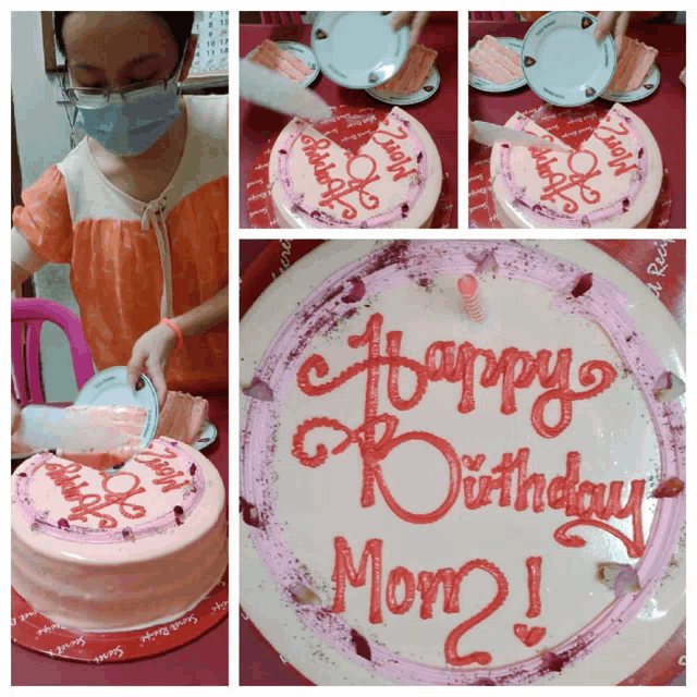 a girl wearing a mask is decorating a birthday cake for mom