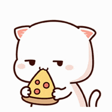 a cartoon cat is eating a slice of pizza with a funny face .