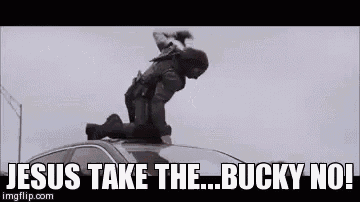 a man is kneeling on the roof of a car and says `` jesus take the ... bucky no ! ''