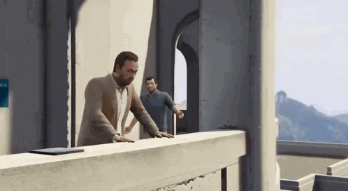 two men are standing on a balcony in a video game