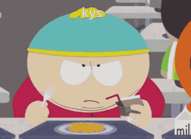 a cartoon character from south park is sitting at a table eating food