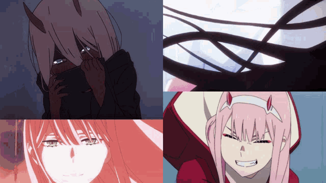 a collage of four anime characters including zero two