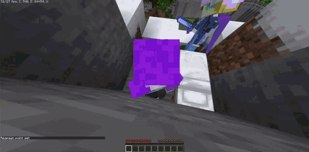 a screenshot of a minecraft game shows a purple sheep walking down a snowy slope