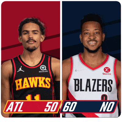two basketball players from the hawks and the blazers are standing next to each other