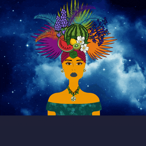 an illustration of a woman wearing a turban with fruits and flowers on it