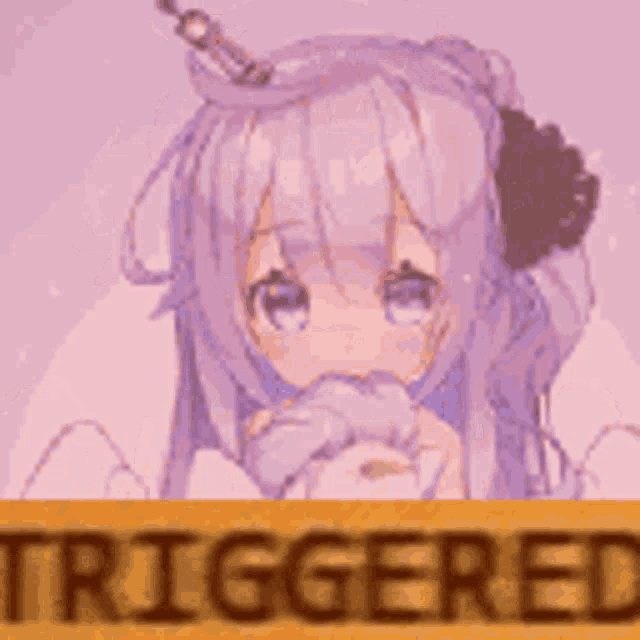 a purple haired anime girl with a unicorn horn is holding a sign that says triggered .