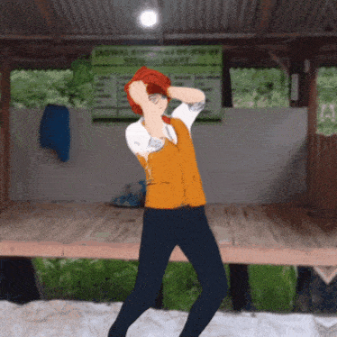 a man in an orange vest is dancing in front of a sign that says jadwal