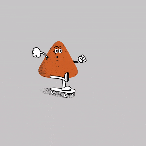 a cartoon drawing of a triangle with a face and arms riding a skateboard