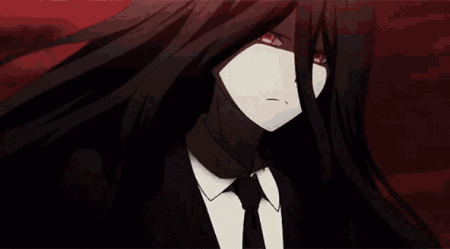 a woman with long black hair and red eyes is wearing a suit and tie