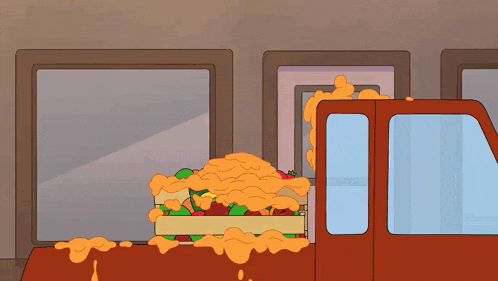 a cartoon drawing of a truck with a bunch of food on the back of it