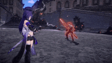 a person is holding a sword with a purple light coming from it