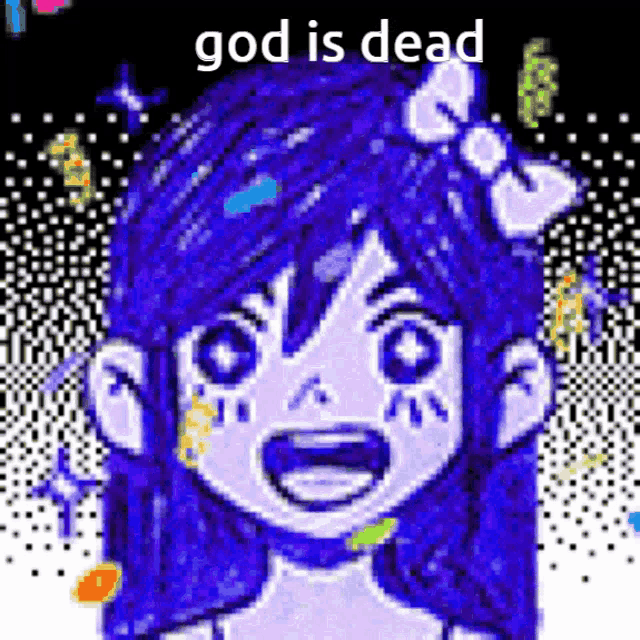 a pixel art of a girl with blue hair and the words god is dead on the bottom
