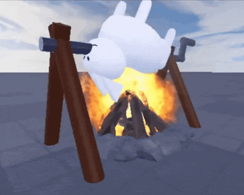 a cartoon rabbit is laying on its back in front of a campfire