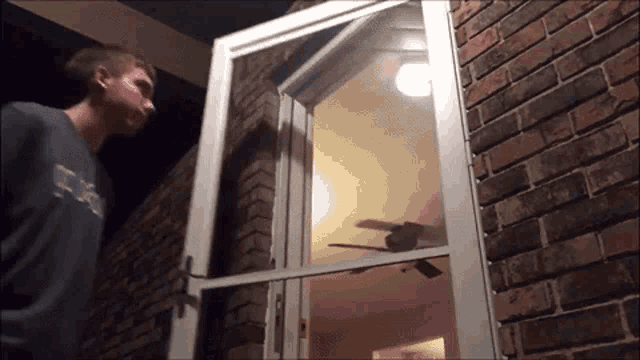 a man standing in front of a screened in porch with a ceiling fan
