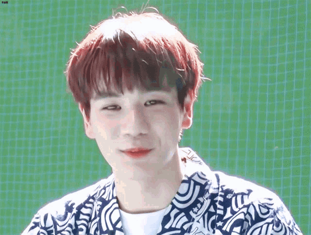 a young man with red hair is smiling in front of a green grid