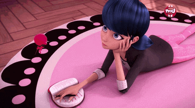 a cartoon girl with blue hair is laying on a pink mat