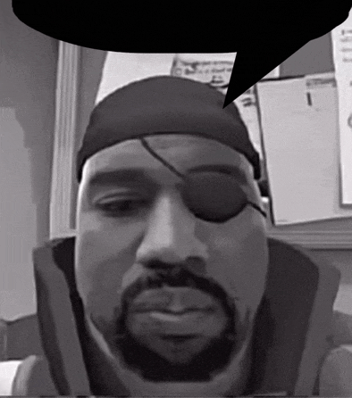 a black and white photo of a man with an eye patch and a speech bubble