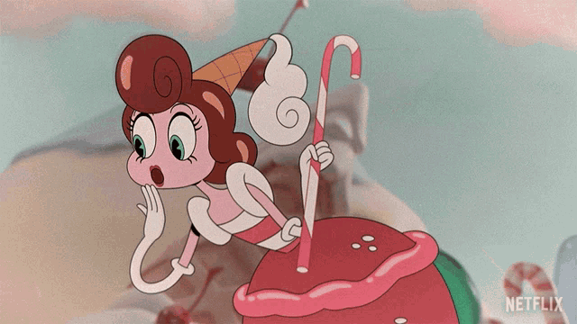 a cartoon character with a candy cane and the words this is funny below her