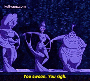 three cartoon characters are dancing and one of them is saying you swoon . you sigh .