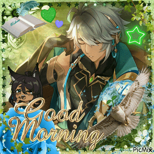 a good morning greeting card with a boy and a bird