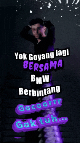 a man is standing in front of a sign that says " yok goyang lagi bersama "