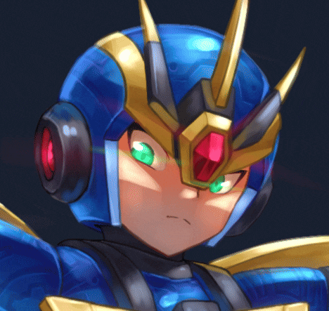 a close up of a cartoon character with a blue helmet and green eyes