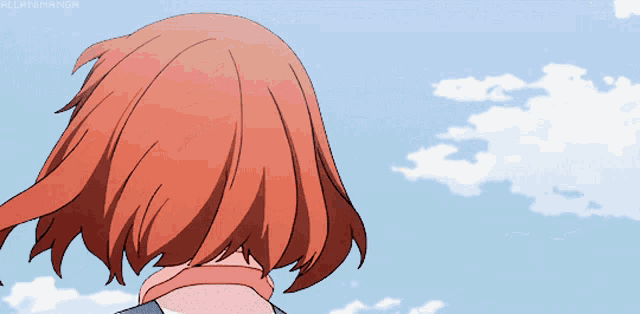a girl with red hair is looking at the sky with the hashtag allananimation