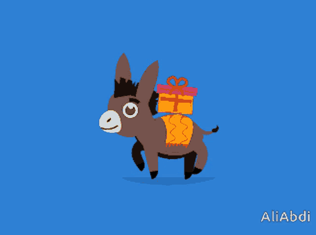 a donkey carrying gifts on its back with the name aliabdi on the bottom right