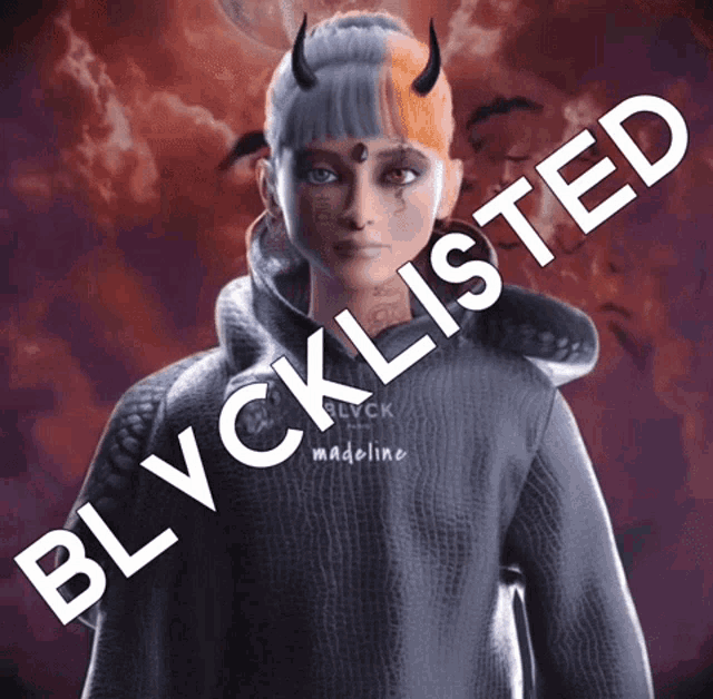 a woman with horns and a black hoodie that says blvcklisted