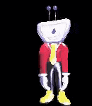 a cartoon character is standing in front of a black background wearing a red jacket and tie .