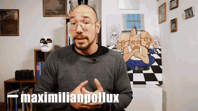 a man wearing glasses stands in front of a painting with the name maximilianpollux on the bottom